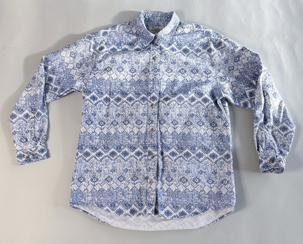 Cabelas Shirt Deerskin Soft Chamois Aztec Button-Up All Season Blue Long Sleeve